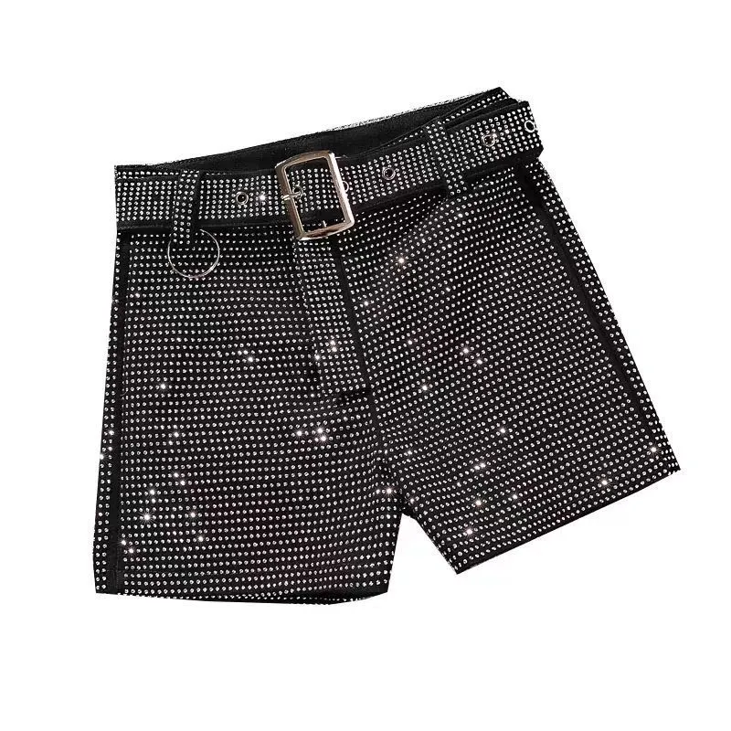 Full Diamond Stretch Jeans Women's Fashion Slim Fit Denim Shorts - Black