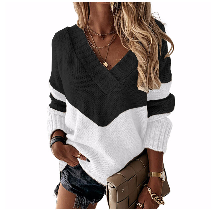 Title 1, Pullover V-neck Loose Sweater Color-blocking Wo...