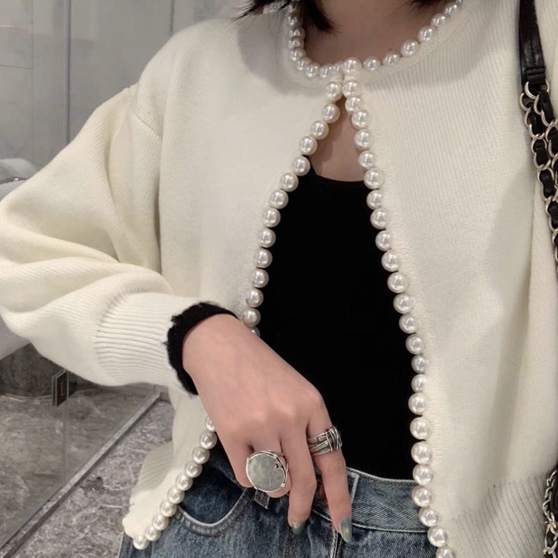 All-match Pearl Trimming Temperament Outer Knit Cardigan Jacket