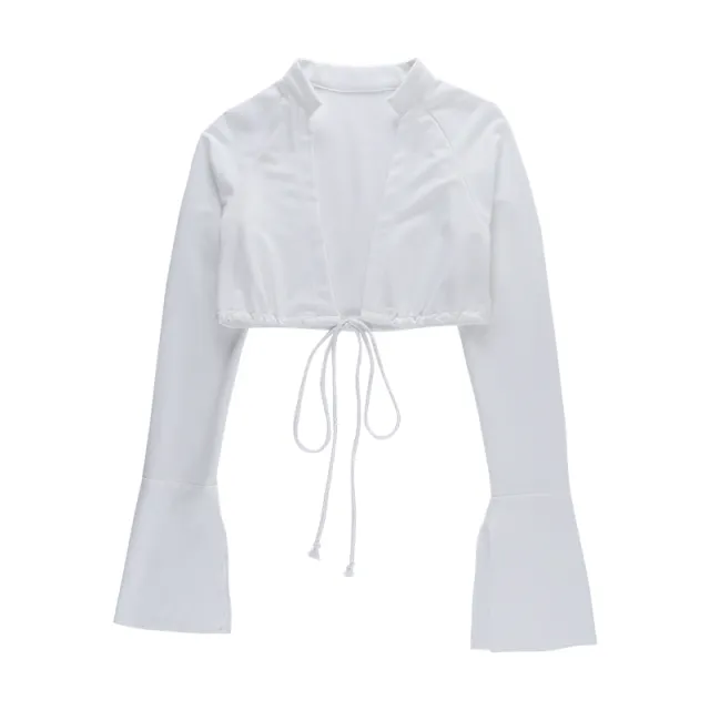 V neck Drawstring Tie Short Long sleeved Top White - Shop at LoveMi