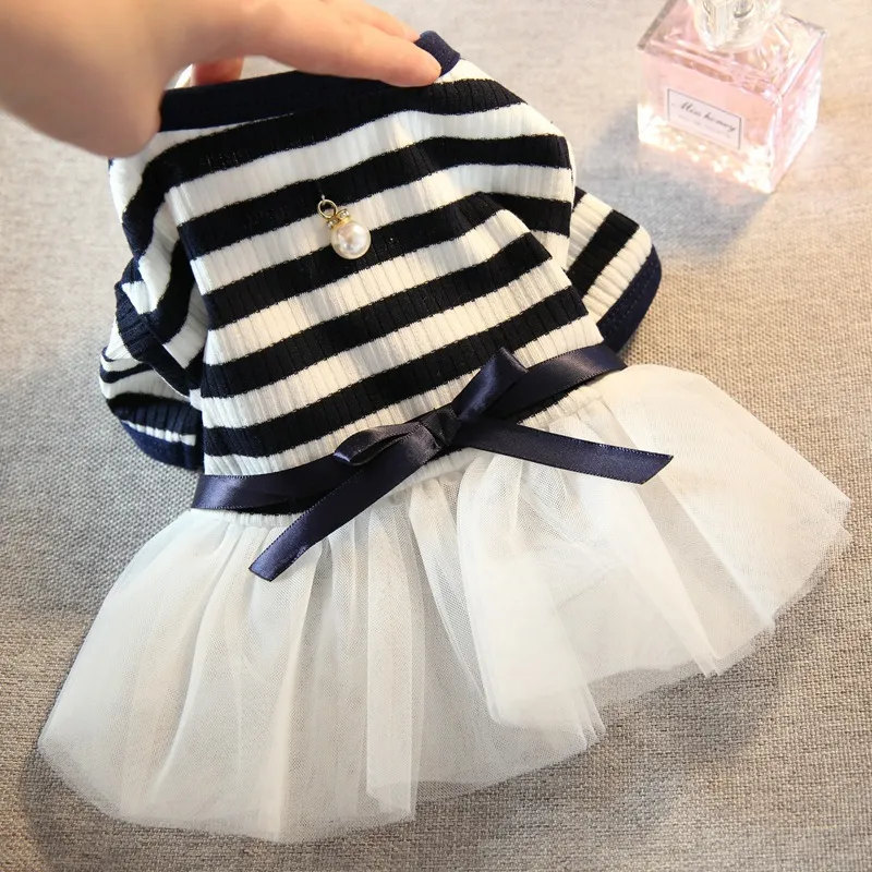 Pet Small Dog Clothing Summer Thin Princess Skirt - Navy Stripe