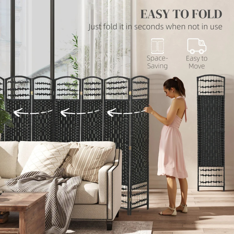 8 Panel Folding Room Divider Portable Privacy Screen Wave Fiber Room Partition For Home Office Black