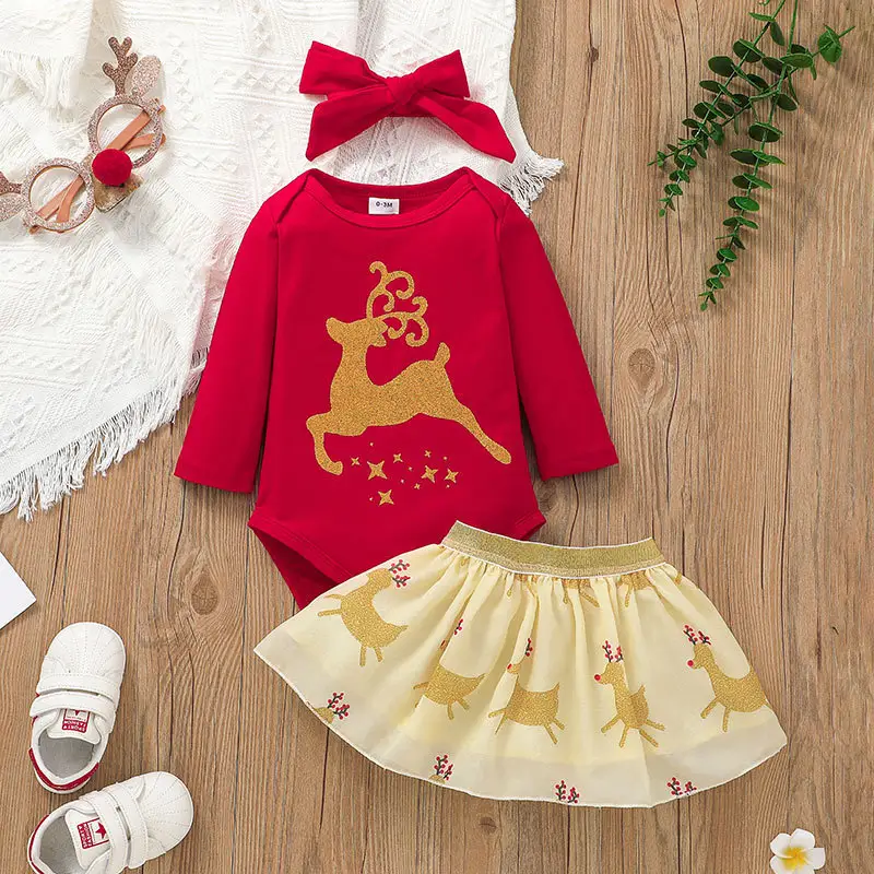 Baby Clothing Christmas Skirt Suit Elk Printing