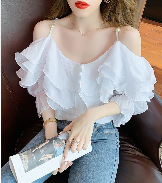 Title 5, One Word Neck Chiffon Shirt Off Shoulder Ruffle...