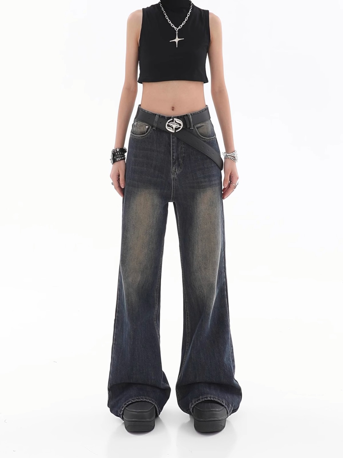 Title 15, Damen Loose Hänge Jeans Vintage Destroyed Strai...