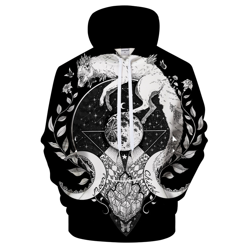 Flower-shaped Wolf Print European And American Couple Sweater With Hood