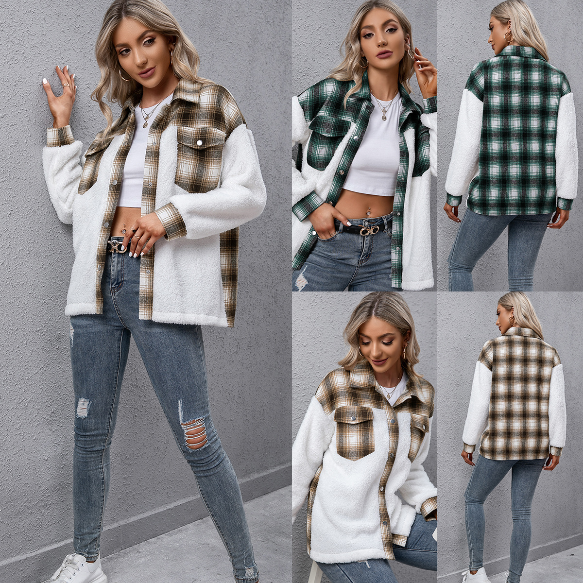 Title 3, Long-sleeved Plaid Stitching Loose Casual Shirt