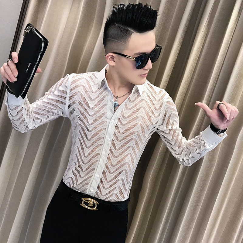 Sexy Transparent Lace Shirt Men Fashion See Through Clubwear