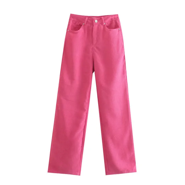 New Style Loose Mopping Straight Leg Casual Corduroy High Waist Wide Leg Pants Women Pink - Shop at LoveMi