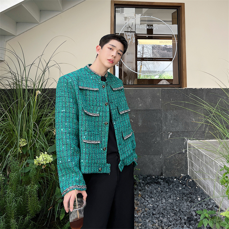 Vintage Raw Edge Multi-pocket Decorative Sequin Tweed Jacket For Men