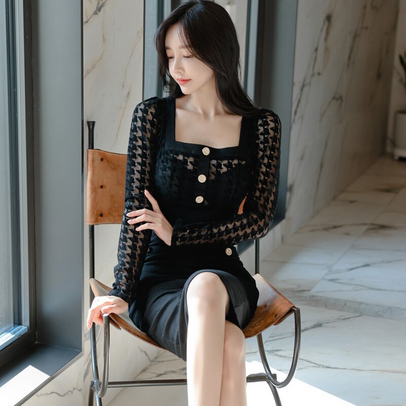 Round Neck Hollow Fake Two-piece Mid-length Bag Hip Dress