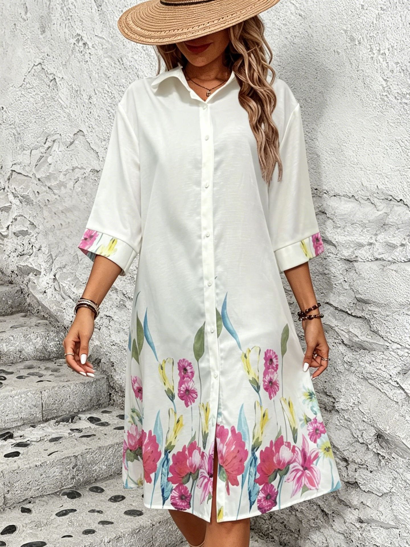 Women Woven Shirt Dress Stand Collar Sleeve Floral Print Button Down Midi Dress