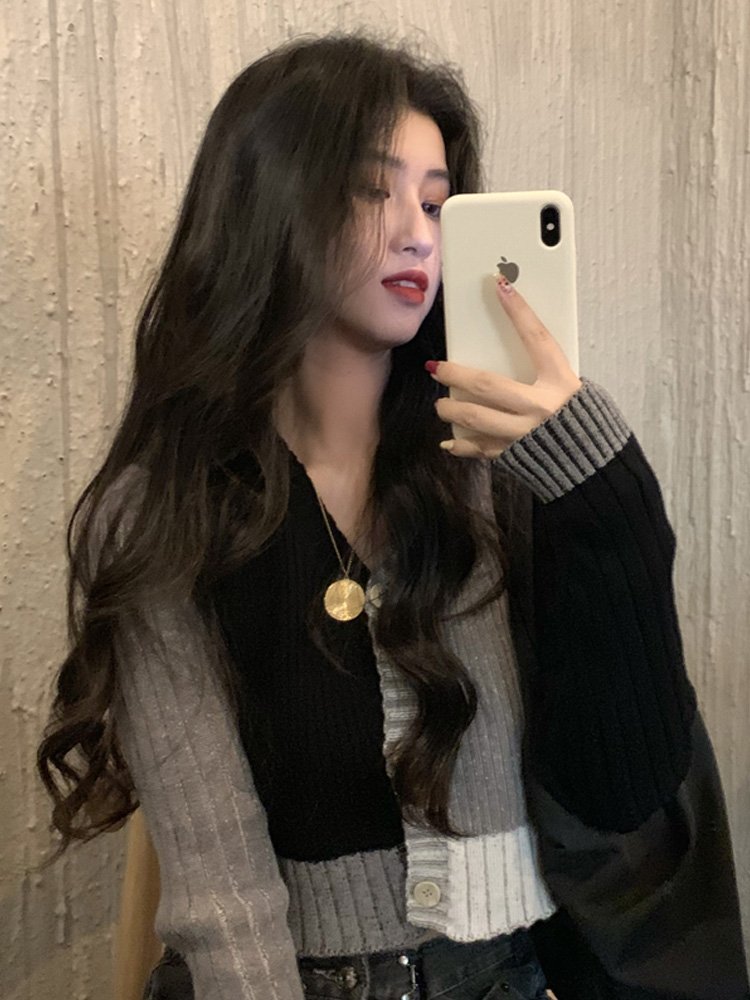 Split Color V-neck Sweater Cardigan Long Sleeves