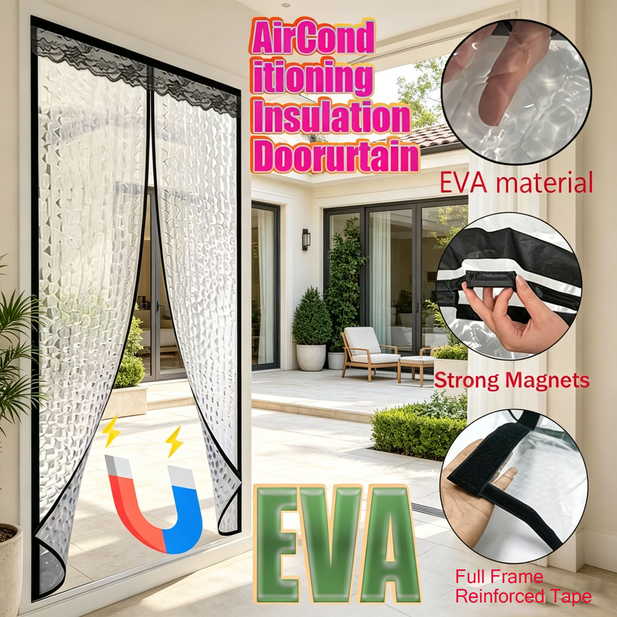 Magnetic Self-Closing EVA Air Conditioning Insulation Door Curtain With Lace Top, Full Surround Strong Magnet Thermal Wind Barrier Screen, Full Frame Reinforced Velcro Tape Energy Saving Partition Cur