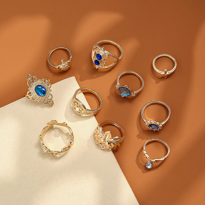 Sexual Female Ins Wind Flower Wave Sapphire 10-piece Ring