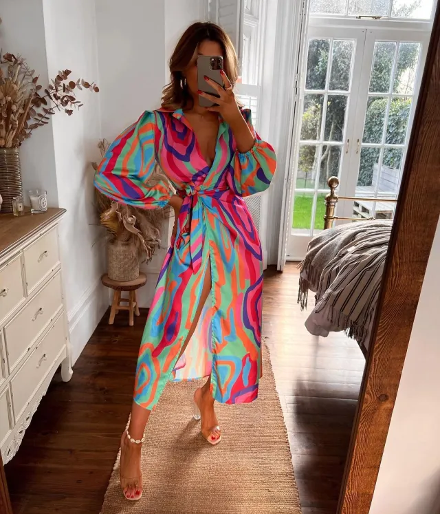 Fashion Print Balloon Sleeve Tie Slit Wrap Dress Red - Shop at LoveMi