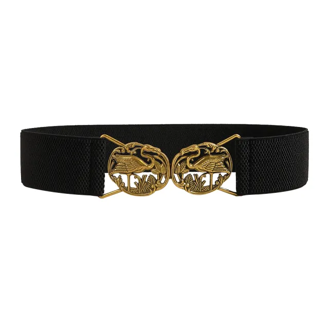 Simple Retro Elastic Belt Metal Hollow Buckle Red crowned Crane Elastic Waist Elegant Female Fashion Accessories Black - Shop at LoveMi