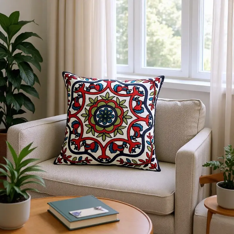 Mandala Vine Floral Embroidered Throw Pillow Ethnic
