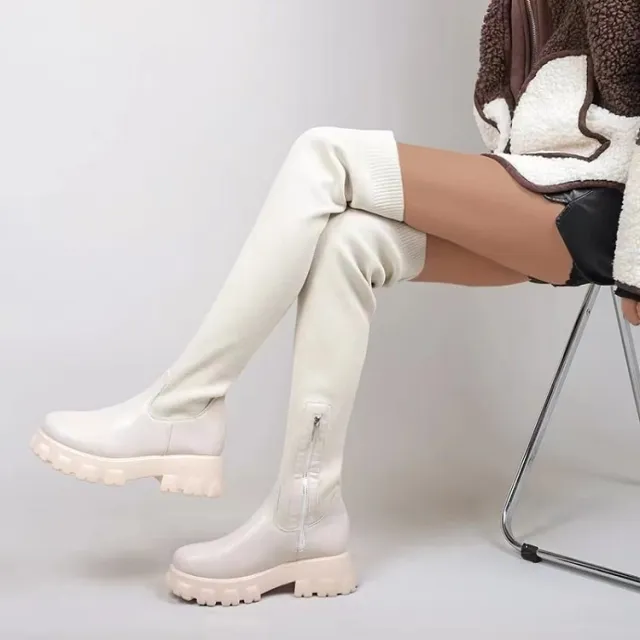 Women's Simple Plus Size Elastic Over The Knee Boots Beige - Shop at LoveMi