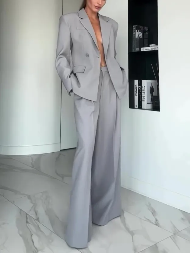 Gray Single button Blazer & Wide leg Pants Suit Grey - Shop at LoveMi