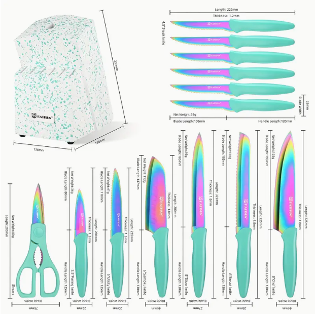 14-Piece Rainbow Colored High Carbon Stainless Steel Kitchen Knife Set, Titanium Coated Blade, Rust-Free & Super Sharp, Flatware Set With Wooden Stand & Kitchen Scissors, For Family & Restaurateurs 4