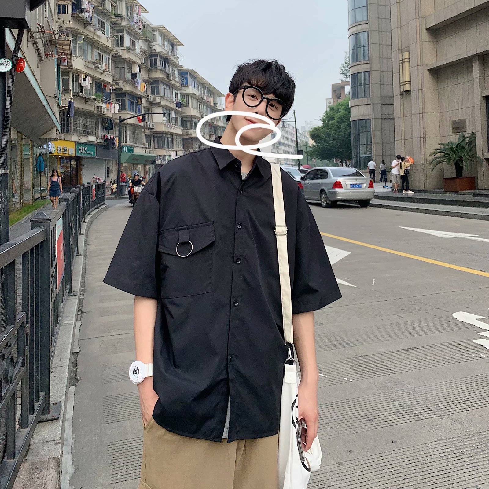 Casual Youth Multi-pocket Clothes Korean Style Five-quarter Sleeve Shirt