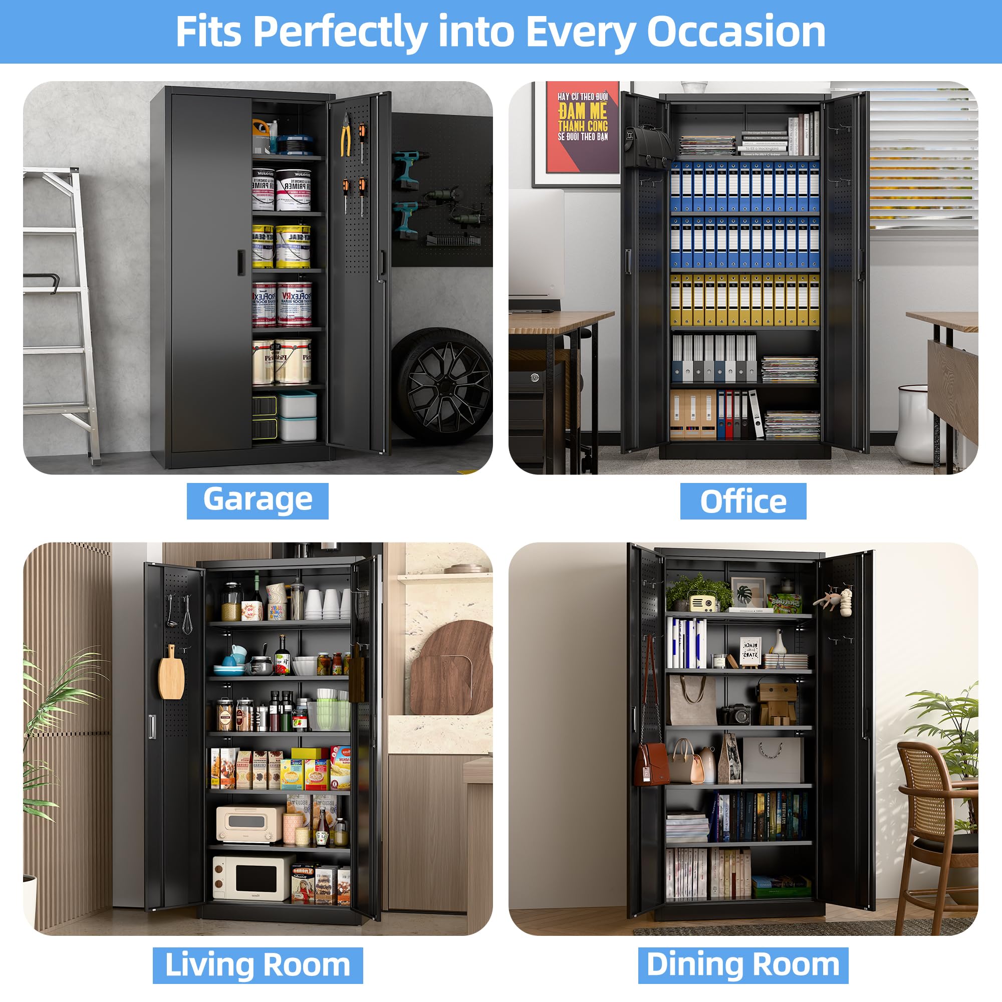 Garage Storage Cabinet With 5 Adjustable Shelves, Locking Metal Storage Cabinet With Pegboard Doors For Garage, Home, Black, Assembly Required — foto 5