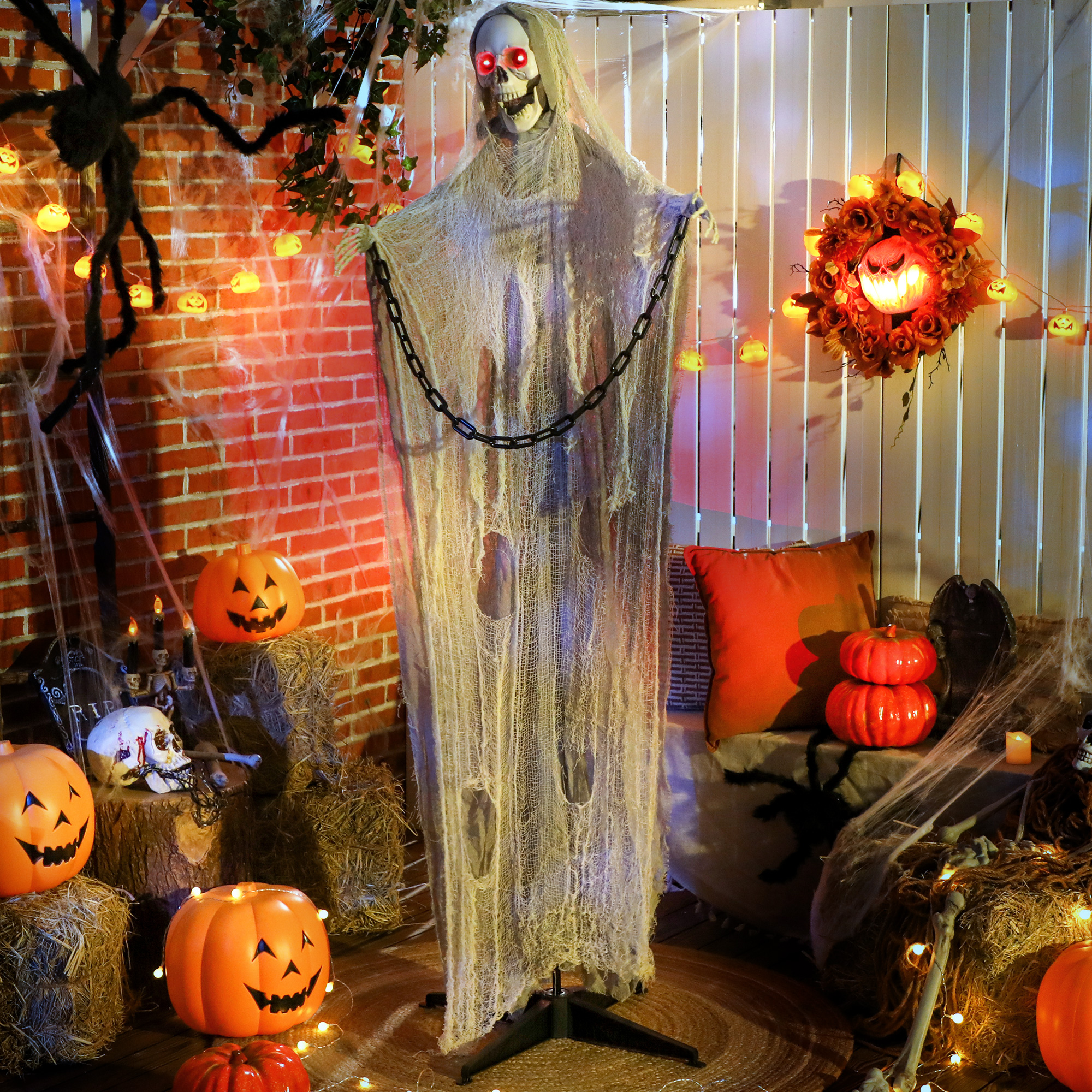 183 Cm Life Size Halloween Animated Skeleton Grim Reaper With Glowing LED Eyes, Scary Halloween Decorations, Battery Operated, Indoor Party Props