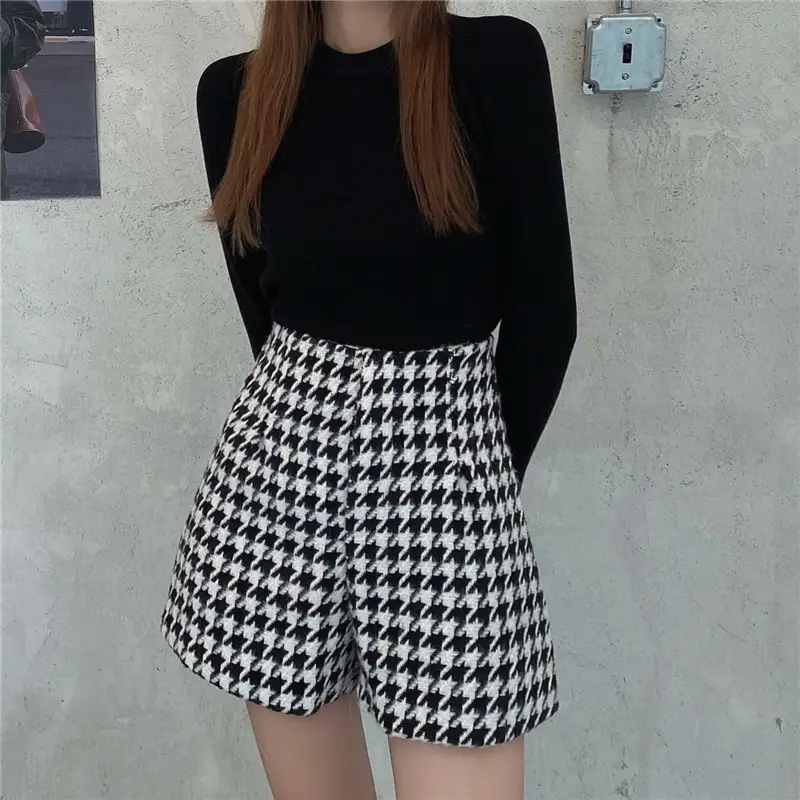 Women's Houndstooth High-waisted Straight Wide-leg Shorts