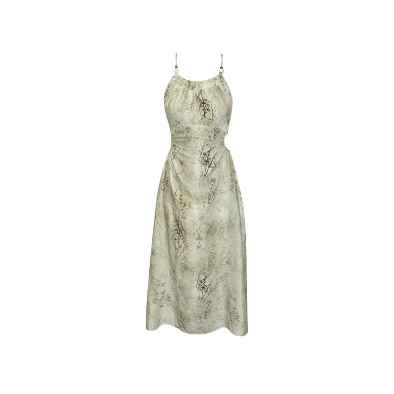 Vintage Print Hanging Neck Strap Dress