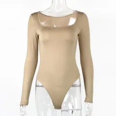 Women's Sexy Square Neck Bodysuit Long Sleeve Double Lined Shirt Tops - Apricot - View 1