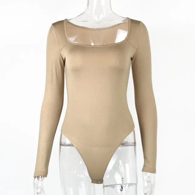 Women's Sexy Square Neck Bodysuit Long Sleeve Double Lined Shirt Tops Apricot - Shop at LoveMi