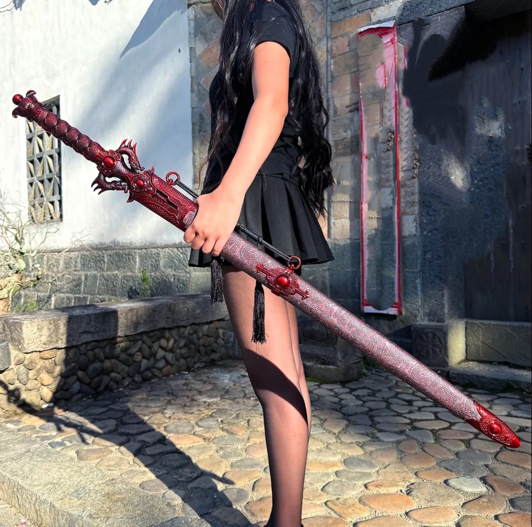 Chixiao Longquan Shuanglong Sword One-piece Dragon Spine Blade Alloy Hilt Solid Wood Scabbard With Leather Cover Unsharpened