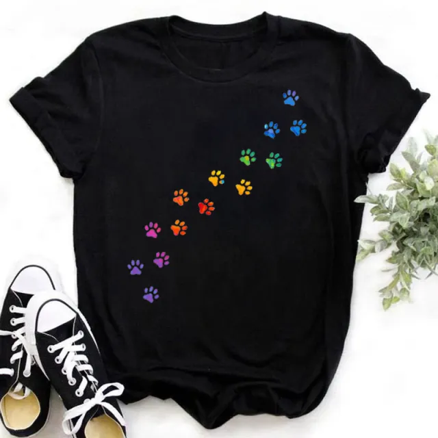 Cat Paw Paw Casual Pattern Casual Short Sleeves New Black - Shop at LoveMi