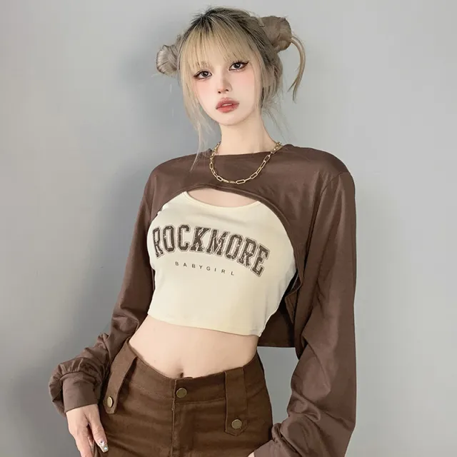 Vintage Blue Lapel Half Cardigan Button Embroidered Vest All match Slim Sleeveless Top Brown Long Sleeves - Shop at LoveMi