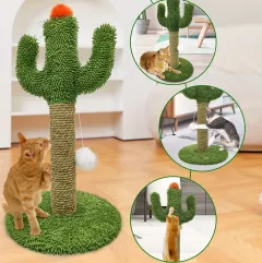 Cactus Cat Climbing Tree 2-in-1 - Solid Wood Base Natural Sisal Scratching Pillar With Hanging Ball Toy, Indoor Cat Multi-level Activity Center - G... - View 1