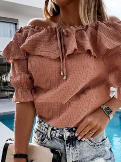 One Word Collar Fashion Solid Colour Sexy Short Sleeve Shirt - Lotus Root Pink - View 1