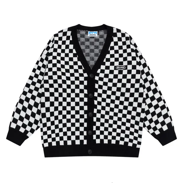 Vintage Checkerboard Jumper Cardigan Jacket Black - Shop at LoveMi
