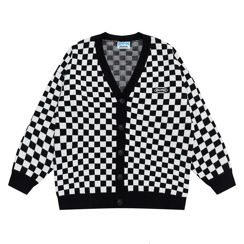 Vintage Checkerboard Jumper Cardigan Jacket - Black