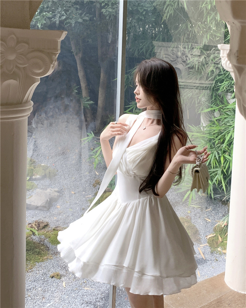 Women's V-neck Chiffon Cinched Mesh Splicing Sling Dress