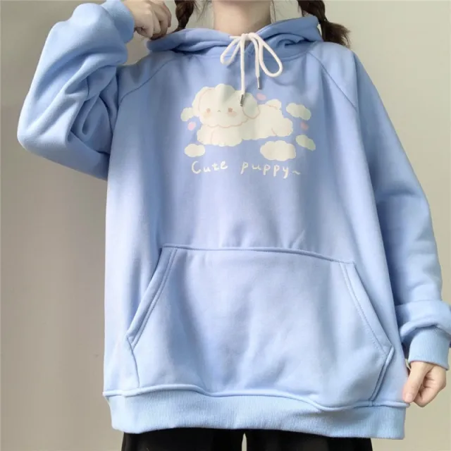 Japanese soft girl style cute girl cartoon printed Hoodie girl Plush warm student loose top Light Blue - Shop at LoveMi