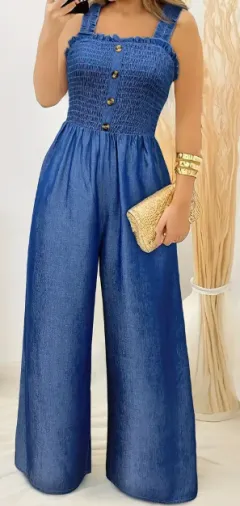 Stylish Ruched Jumpsuit - Sleeveless, Shirred, Wide Leg, Solid Color, Button Decor, Casual, Spring & Summer Essential - Women's Fashion Clothing Fo... - View 1