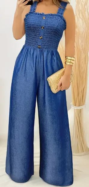 Stylish Ruched Jumpsuit Sleeveless, Shirred, Wide Leg, Solid Color, Button Decor, Casual, Spring & Summer Essential Women's Fashion Clothing Fo... Royal Blue - Shop at LoveMi