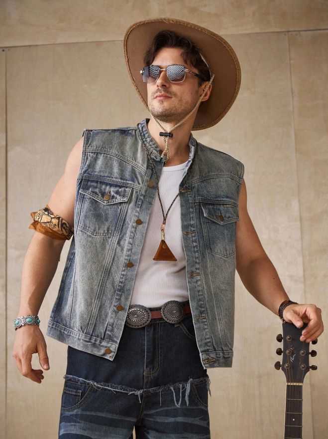 Vintage Washed Denim Vest Men Blue Sleeveless Jean Jacket Retro Casual US Local Stock