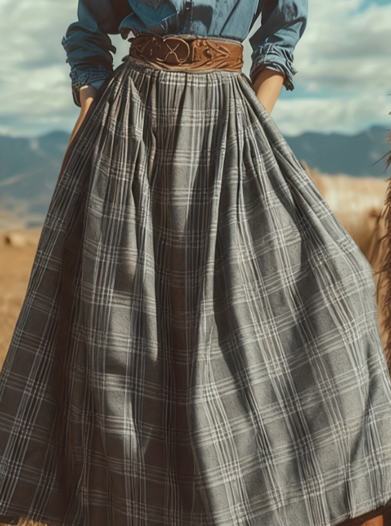 Plaid Pleated Maxi Skirt Casual Midi Skirt