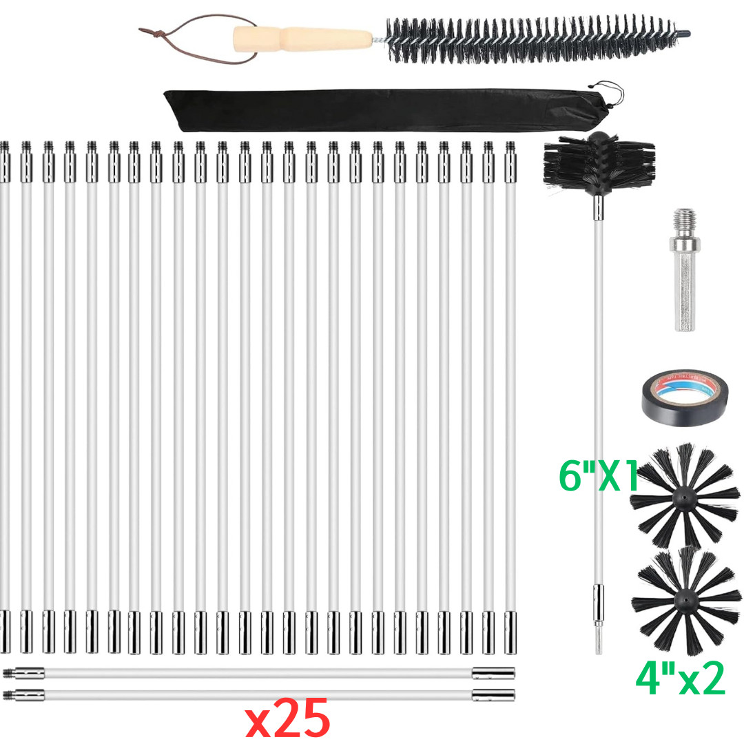 32x Flexible Chimney Sweep Set Flue Sweeping Brush & Rod Kit Soot Cleaning Rods