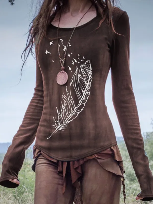 Fashion V-Neck Print Loose Long Sleeve T-Shirt