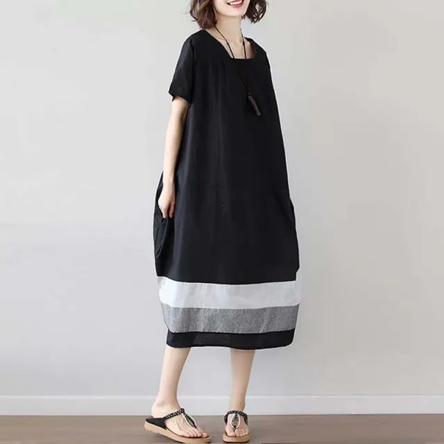 Cotton And Linen Short Sleeve Dress Large Size Women's Mid Length Black - Shop at LoveMi