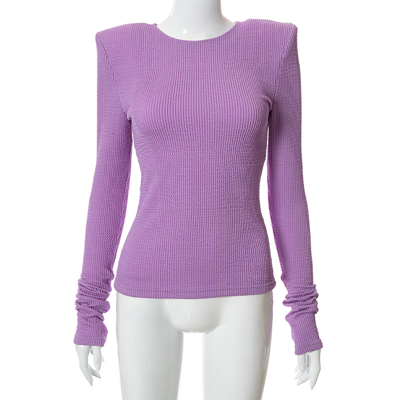 Round Neck Pullover Shoulder Pad Design Knitted T-shirt Top Women
