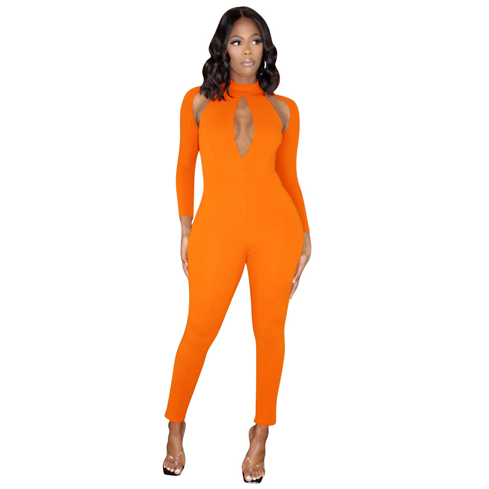 Women's Solid Color Long-sleeved Invisible Cut-out Jumpsuit - Image 4